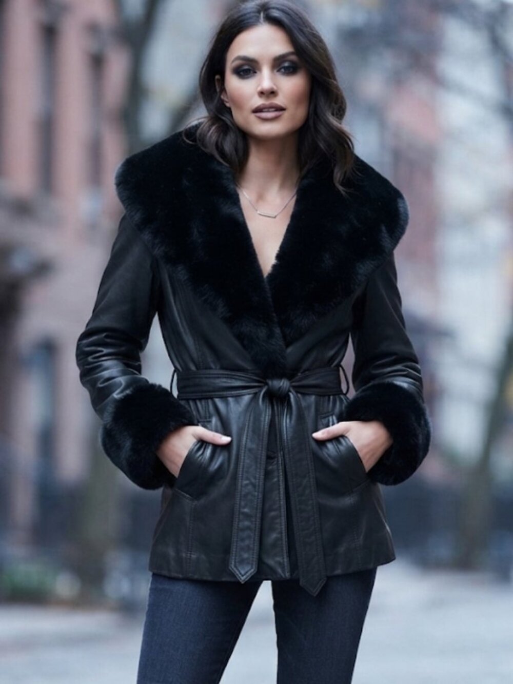 Vintage Ledge Womens Black Leather Faux Fur Trim Belted Hooded Coat Jacket Sz L